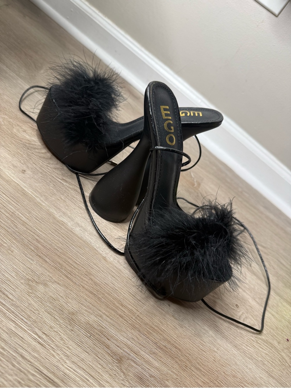 EGO Black Marabou Lace-Up Platform Heels